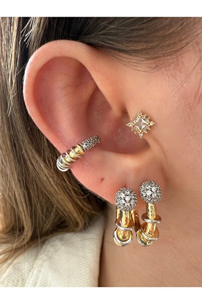 Pinery Jewels VIP SERİ - Çift Renk Sıralı Zirkon Taşlı Küpe Çifti