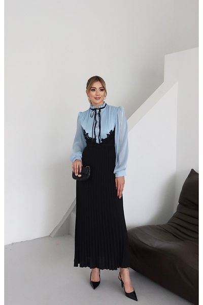 1Moda1Tarz Rochie de damă din țesătură din șifon Yoryo, argintiu, importată, cu dantelă, cu pliuri, căptușită cu panglică, cu design special