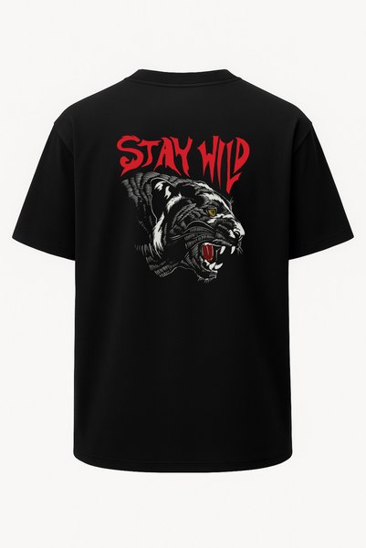 nirvoda Oversize Stay Wild Tiger Printed Unisex T-Shirt Black