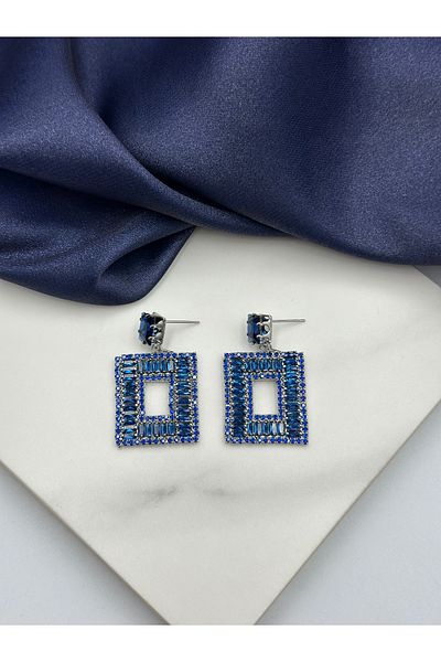 Lumiera Blue Baguette Zircon Stone Rectangular Design Dangle Steel Earrings
