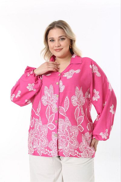 Butik Nilyam طقم قميص وبنطلون كتان بأكمام بالونية مقاس كبير للسيدات 24748