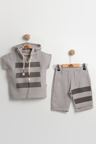 Mini Baray Striped Hooded Summer Muslin Suit for Boys 2-3-4-5 Years - Ultra Soft