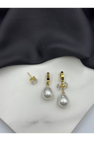 Lumiera 3Pcs Pearl Zircon Stone Design Dangle Steel Earrings