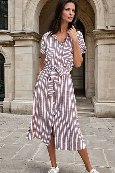 bacc Women's Burgundy Linen Short Sleeve Shirt Dress with Belt and Pockets Bcbsk-25700-3434