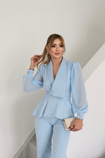 1Moda1Tarz Women's Imported Fabric Pleated Pearl Embroidered Sleeve Button Detailed Lined Special Design Bottom-Top Set