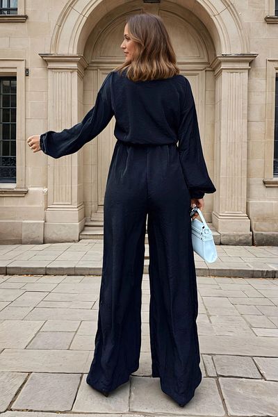 bacc Women's Black Half Placket Elastic Waist Loose Wide Leg Pocket Loose Jumpsuit Bcbsk-25700-3360