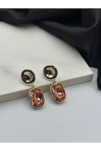 Lumiera Gold Detailed Salmon Color Zircon Stone Hanging Steel Earrings