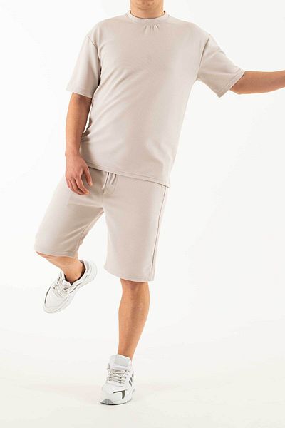 bombe Ανδρικό γκρι σετ 2 τσέπης με στάμπα Oversize Comfort Σετ σορτς μπλουζάκι με χαλαρή εφαρμογή