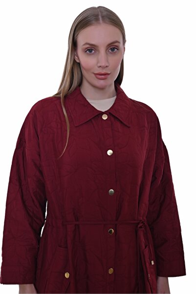 Invee Geniş Kalıp Belden Bağlamalı Kapitone Kap - Bordo