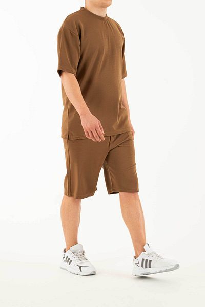 bombe Men's Brown 2 Piece Set Pocket Printed Oversize Comfort Relaxed Cut T-Shirt Shorts Set