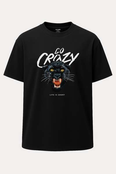 nirvoda Oversize Go Crazy Black Panther Pars Printed Unisex Μαύρο T-Shirt