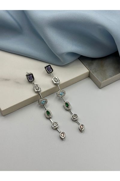 Lumiera Silver Colorful Zircon Stone Melis Göral Design Y Brand Model Stylish Hanging Steel Earrings