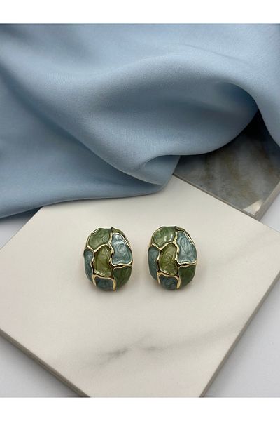 Lumiera Blue Green Enameled Gold Detailed Design Earrings