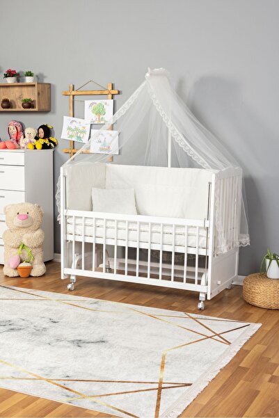 Bamgidoo Ahşap Beşik Anne Yanı Beşik Beyaz 60x120 - Krem Güpür Uyku Seti + Ya...