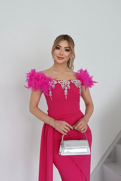 1Moda1Tarz Γυναικείο ροζ εισαγόμενο ύφασμα αξεσουάρ Λεπτομέρεια μανίκια με σχισμή Otriş φόδρα ειδικής σχεδίασης Maxi φόρεμα
