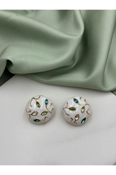 Lumiera White Enamel Green Shades Zircon Stone Spring Branch Concept Design Earrings