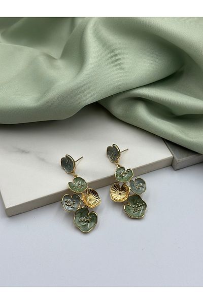 Lumiera Green Enamel Flower Concept Design Dangle Steel Earrings