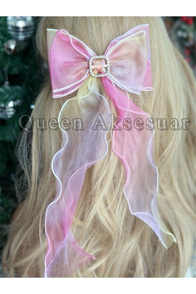 QUEEN AKSESUAR Pastel Rainbow Color with Stone Brooch Shiny Tulle Tail Princess Buckle Pincer Pink Yellow