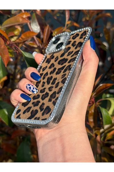 TRENDY KILIF حافظة بإطار حجري بنمط الفهد متوافقة مع هاتف iPhone (14 PLUS/15 PLUS).