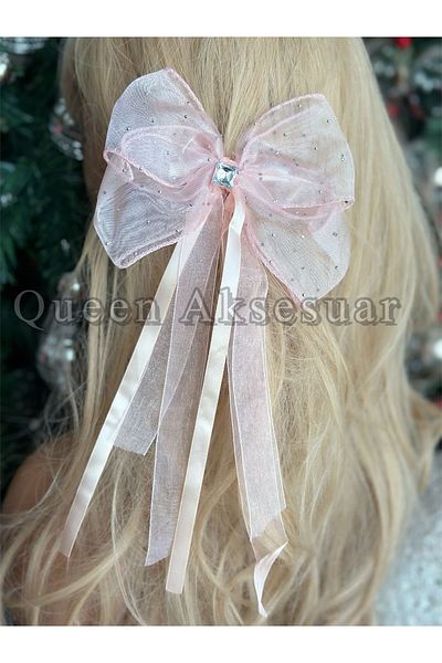 QUEEN AKSESUAR Stone Brooch Shiny Gauze Ribbon Tail Bow Princess Buckle Penile Powder Pink