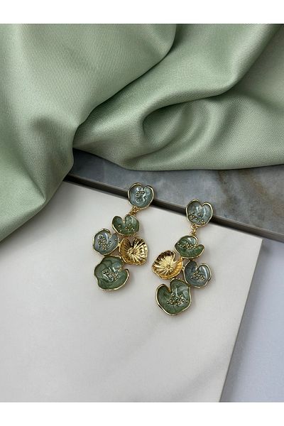Lumiera Green Enamel Flower Concept Design Dangle Steel Earrings