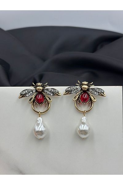 Lumiera Gold Detailed Red Stone Bee Figured Brand Model Design Earrings