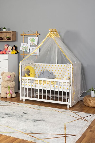 Bamgidoo Ahşap Beşik Anne Yanı Beşik Beyaz 60x120 - Sarı Yıldız 3 Yastık Uyku...