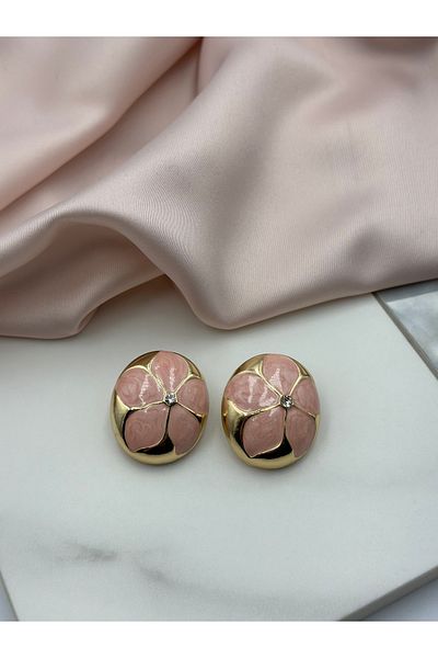 Lumiera Pink Flower Enamel Zircon Solitaire and Gold Gold Detailed Design Earrings