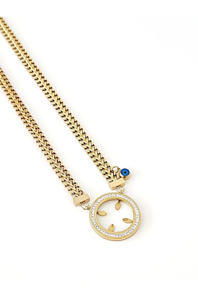 hena Çelik Gold Balık Sırtı Zincirli Nazarlıklı Kolye - Çeyreklik Takılabilen