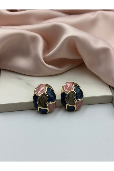 Lumiera Pink Blue Green Enamel Gold Gold Detailed Design Earrings