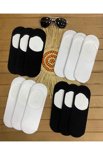 XORVİO Unisex Καλοκαιρινές Εξαιρετικά Άνετες 12 Ζεύγη Χτενές Μαύρες Λευκές Βαμβακερές Λύκρα Σιλικόνη Κάλτσες Μπαλαρίνας χωρίς ραφή