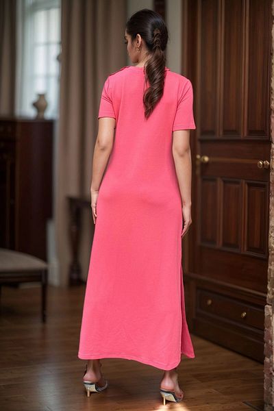 bacc Rochie lungă cu nasturi cu umăr coral pentru femei Bcbsk-25700-3618