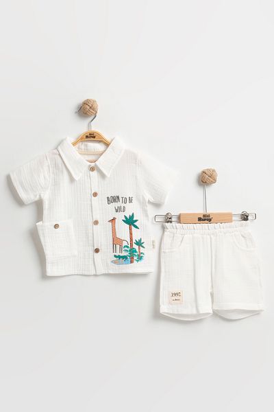 Mini Baray Organic 100% Cotton Giraffe Printed Baby Boy Summer Set with Pockets 9-12-18 Months - Muslin Fabric