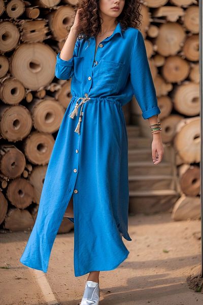 bacc Rochie cămașă cu curea din paie cu talie indigo pentru femei Bcbsk-25700-2837