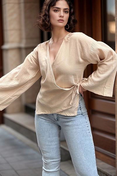 bacc Women's Stone Muslin Double Breasted Tie Loose Blouse Bcbsk-25700-3610