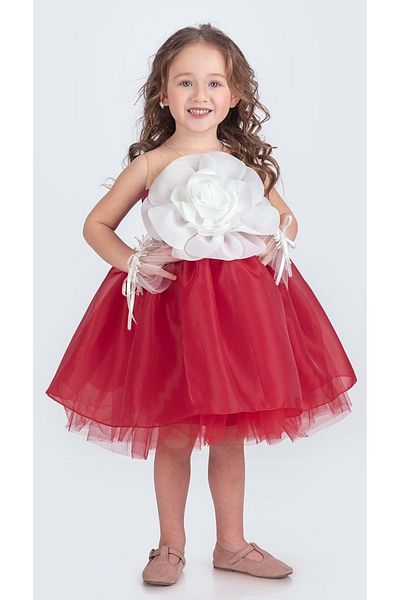 Mnk Baby&Kids Karolin Girl's Evening Dress - Floral Print, Ankle Accessory, Red M00724