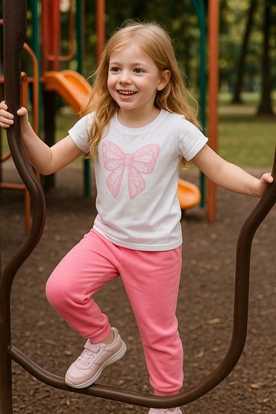 Yalçınoğlu Kids Girl's Summer Stylish Suit |   Bow Pattern T-Shirt and Sweatpants I Cotton Anti-Sweat I Children's Set