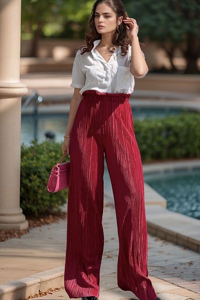 bacc Women's Fuchsia Self-Textured Elastic Waist Wide Leg Loose Trousers Bcbsk-25700-3578