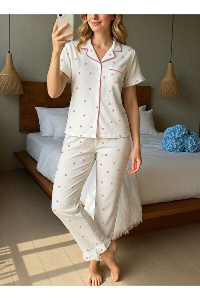 BELLA NOTTE Rövid ujjú rózsaszín szívmintás pizsama szett