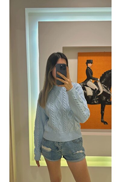 todays co Mavi Bisiklet Yaka Balıksırtı Desenli Triko Kazak