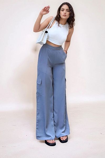 bacc Women's Gray Side Pocket Elastic Waist Wide Leg Loose Trousers Bcbsk-25700-3600