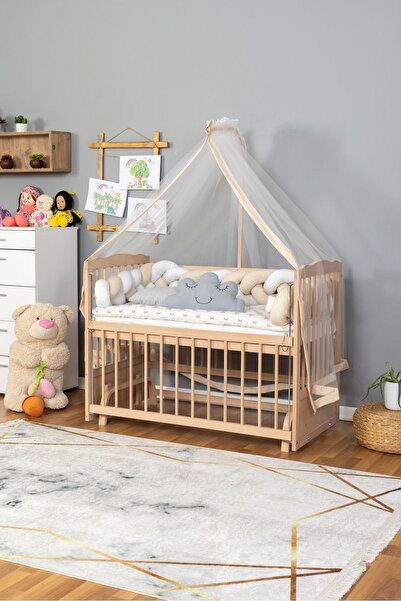 Bamgidoo Ahşap Beşik Anne Yanı Beşik Organik 60x120 - Krem Beyaz Örgü Uyku Seti Seti + Yatak