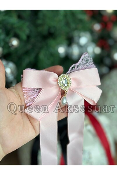 QUEEN AKSESUAR Πολυτελής vintage κορδέλα με πέτρα με μαργαριτάρια, δαντελωτό σατέν φιόγκο, κρεμαστό κορδέλα με πόρπη, αυτόματο ροζ