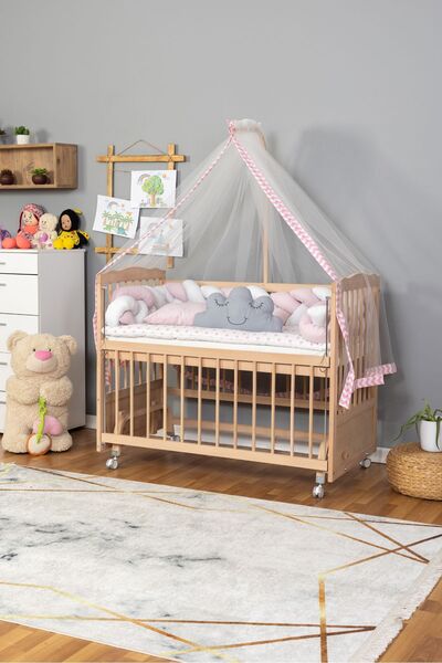 Bamgidoo Ahşap Beşik Anne Yanı Beşik Organik 60x120 - Pembe Beyaz Örgü Uyku S...