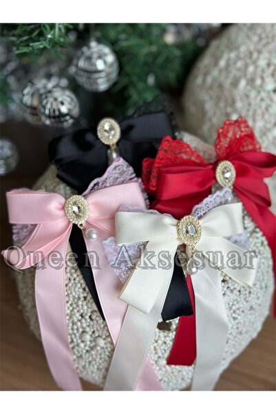 QUEEN AKSESUAR Luxury Vintage Pearl with Stone Brooch Lace Satin Bow Pendant Ribbon Tailing Buckle Automatic Red