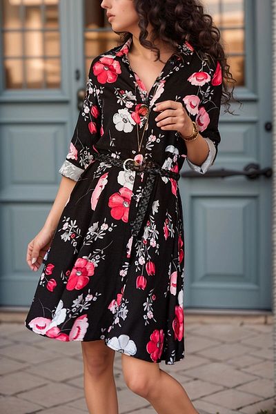 bacc Women's Black Light Fabric Patterned Shirt Dress Bcbsk-25650-2164-2