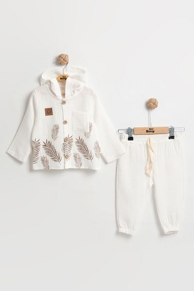 Mini Baray Natural Leaf Printed Long Sleeve Baby Shirt Set 9-12-18 Months - 100% Cotton Muslin Summer Set