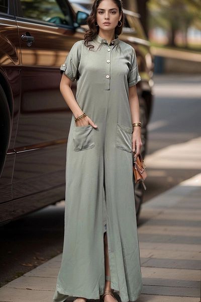 bacc Women's Khaki Half Placket Pocket Low Mesh Loose Cut Loose Jumpsuit Bcbsk-25700-3577