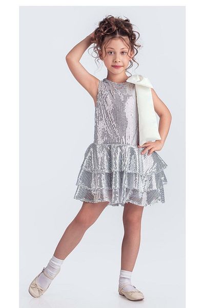 Mnk Baby&Kids Γιακάς Φιόγκος Glittery Sequins Sequin Πανί Κοριτσίστικο Βραδινό Φόρεμα M00702 Ασημί