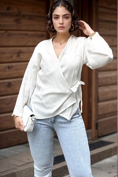bacc Women's White Muslin Double Breasted Tie Loose Blouse Bcbsk-25700-3610
